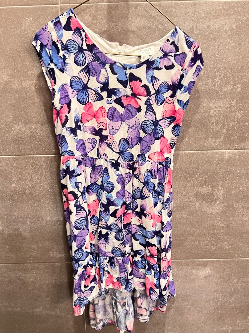 Girls Butterfly Print Cap Sleeve Dress - Pink, Purple, Blue